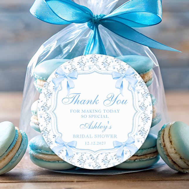 Elegant Blue Bow Bridal Shower Thank You Classic Round Sticker (Creator Uploaded)