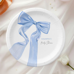 Elegant Blue Bow Coquette Baby Shower Paper Plate