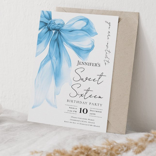 Elegant Blue Bow Coquette Script Sweet 16 Party  Invitation (Elegant Blue Bow Coquette Script Sweet 16 Party Invitation)