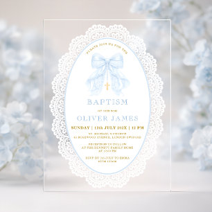 Elegant Blue Bow & Cross Boy Baptism Acrylic Invitations