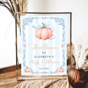 Elegant Blue Bow Cute Pumpkin Baby Shower  Poster