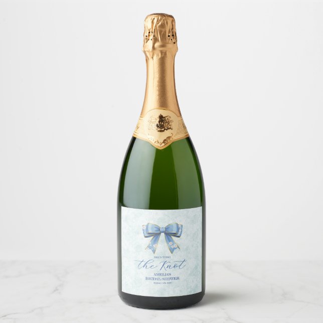 Elegant Blue Bow Engagement Party Invitation Sparkling Wine Label (Front)