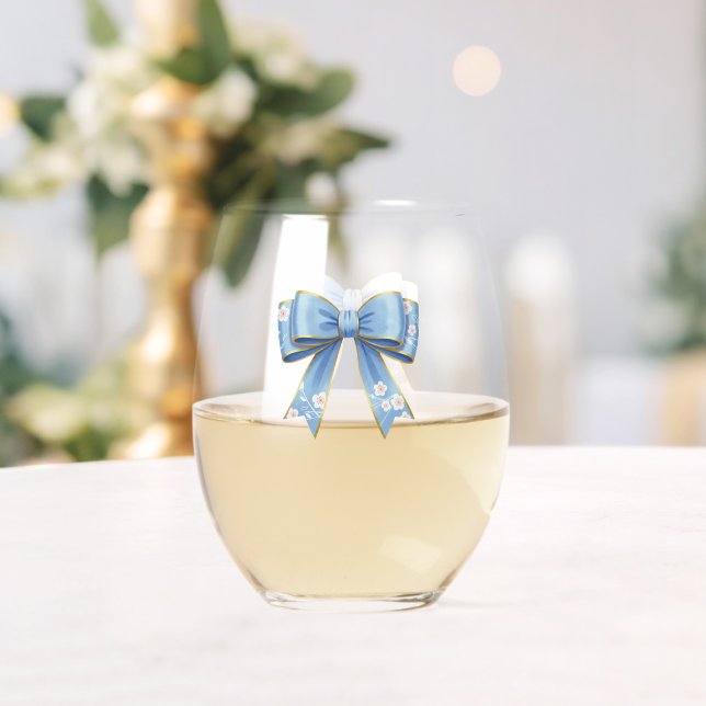 Elegant Blue Bow Engagement Party Invitation Stemless Wine Glass (Insitu (Wedding))