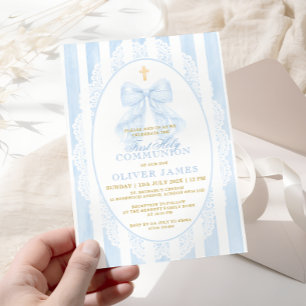 Elegant Blue Bow First Holy Communion Invitation