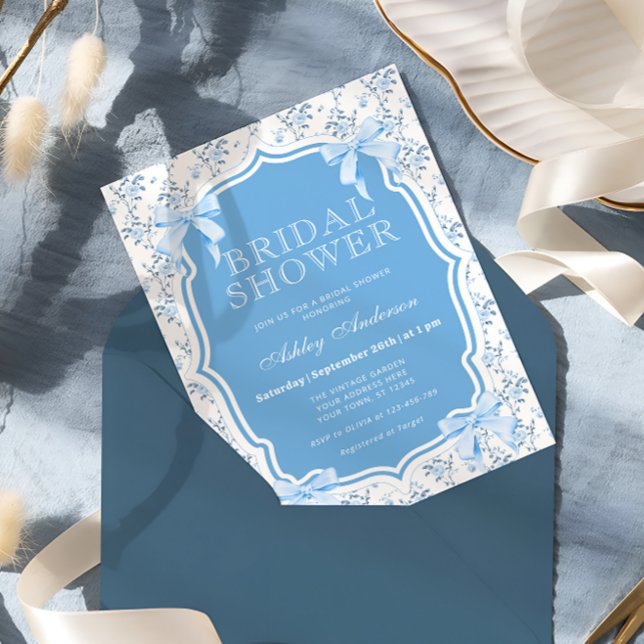 Elegant Blue Bow Floral Bridal Shower Invitation (Creator Uploaded)