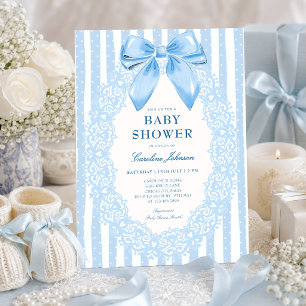 Elegant Blue Bow Floral Lace Baby Shower Invitation