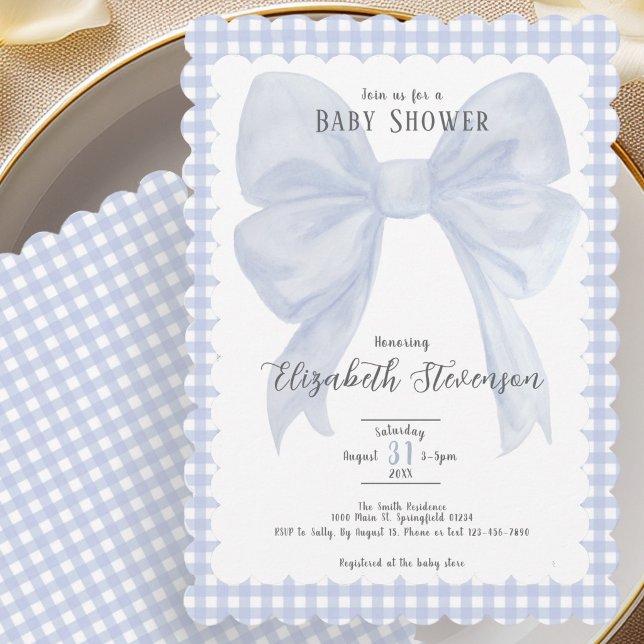 Elegant Blue Bow Gingham Baby Shower Invitation (Creator Uploaded)