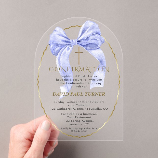 Elegant Blue Bow Gold Boy Confirmation Transparent Acrylic Invitations (Insitu (Handheld))