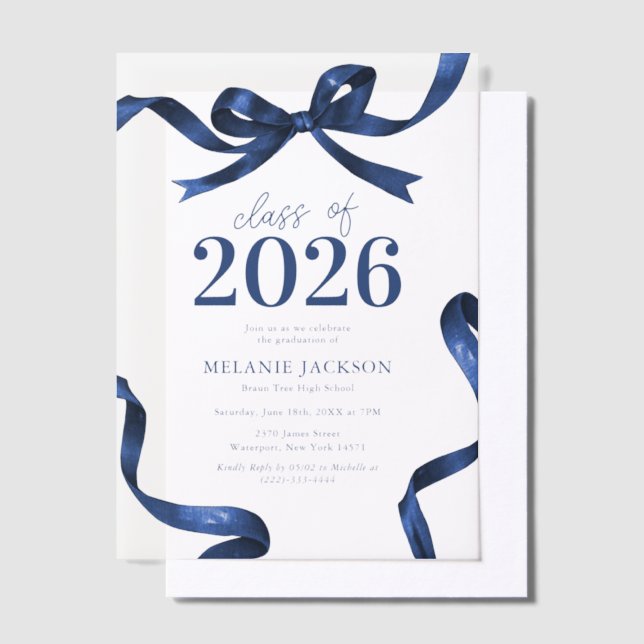 Elegant Blue Bow Graduation Party Vellum Invitations (Offset)