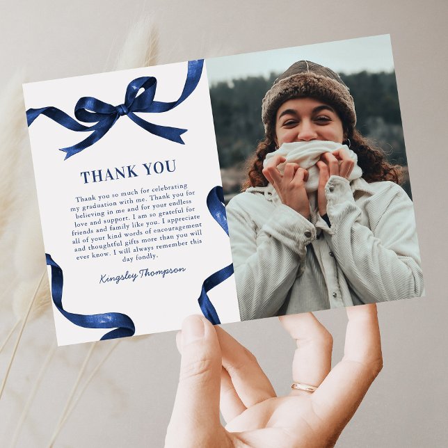 Elegant Blue Bow Graduation Photo Thank You Card (Creator Uploaded)