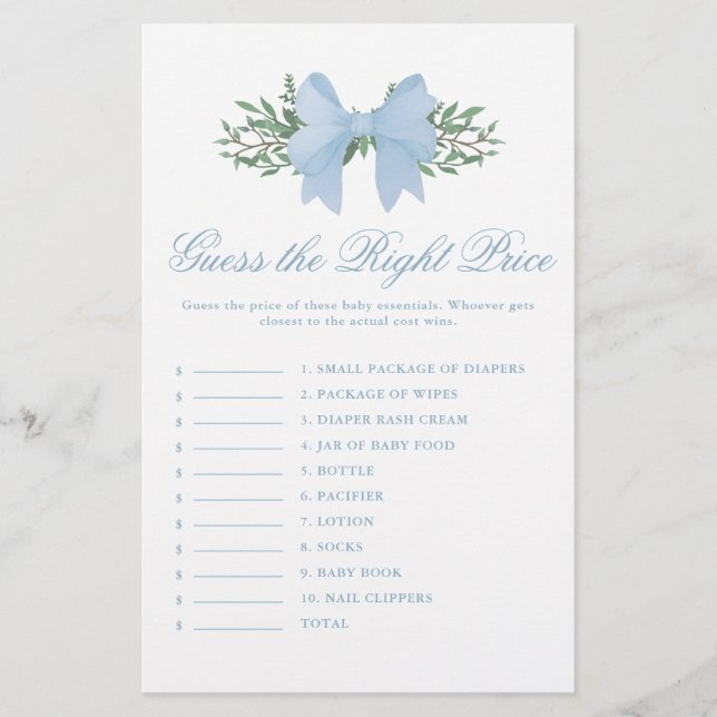 Elegant Blue Bow Guess the Price Baby Shower Game (Front)