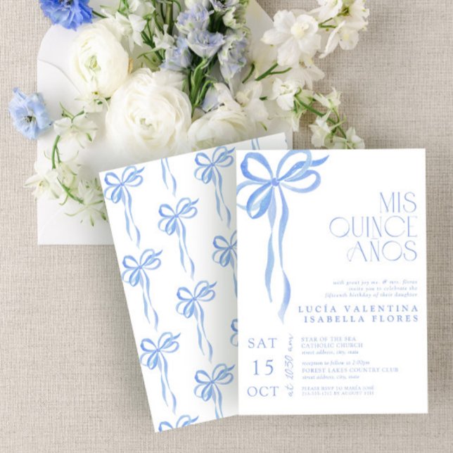 Elegant Blue Bow Mis Quince Años Quinceañera  Invitation (Creator Uploaded)