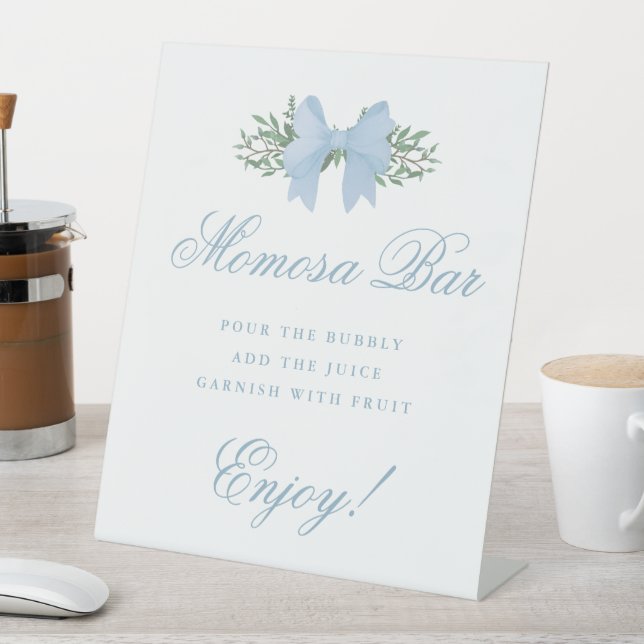 Elegant Blue Bow Momosa Bar Baby Shower Pedestal Sign (In SItu)