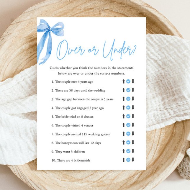 Elegant Blue Bow Over or Under Bridal Shower Game Invitation (Modern Elegant Watercolor Dusty Blue Bow Over or Under Bridal Shower Game)
