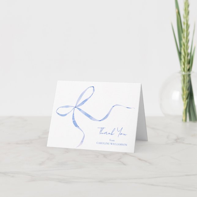 Elegant Blue Bow Personalized Name Folded Thank You Card (Front)