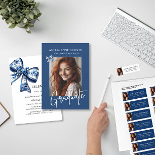 Elegant Blue Bow Photo 2026 Graduation Party Invitation