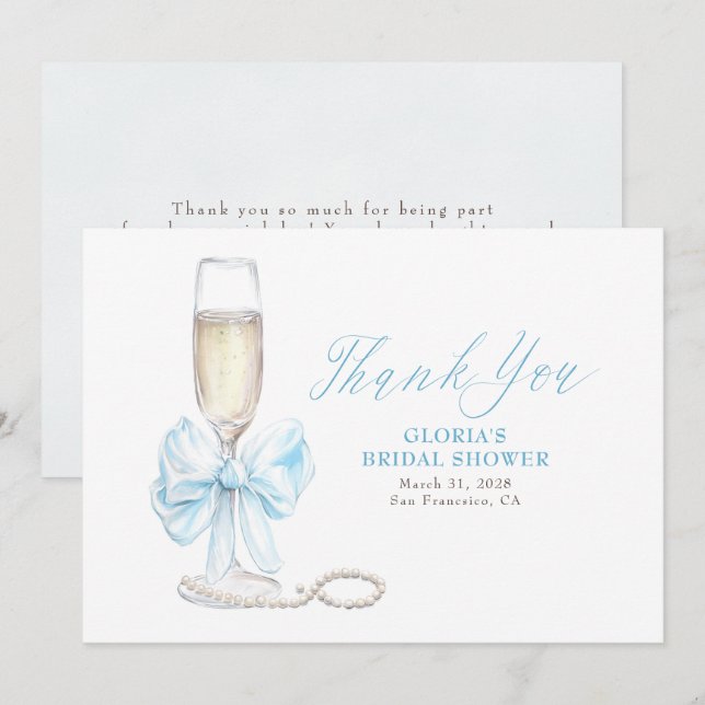 Elegant Blue Bow Prosecco Bridal Shower Thank You Card (Front/Back)