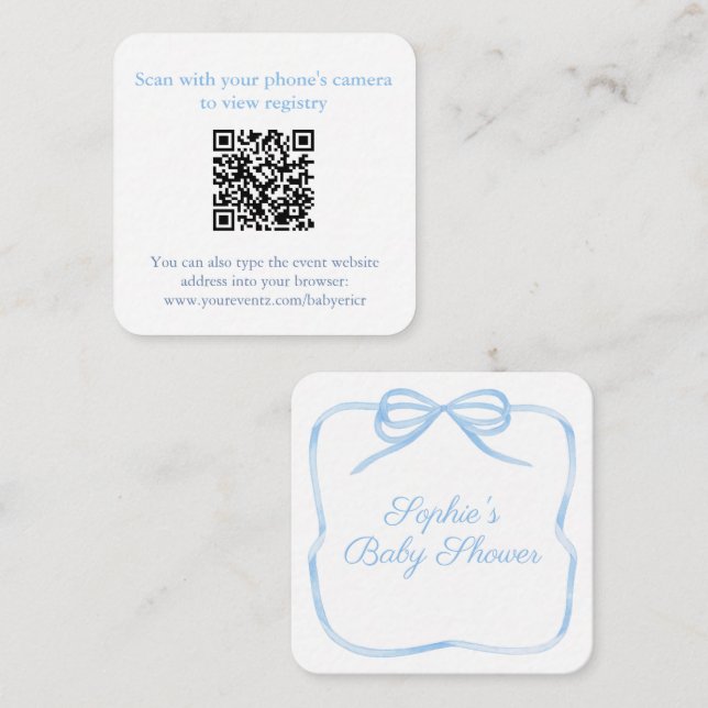 Elegant Blue Bow QR Code Shower Registry or RSVP Enclosure Card (Front/Back)