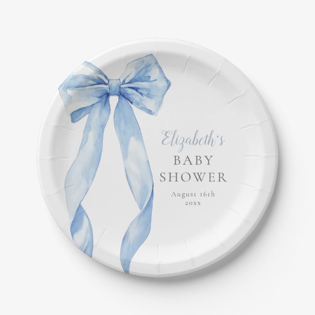Elegant Blue Bow Ribbon Boy Baby Shower Paper Plate (Front)