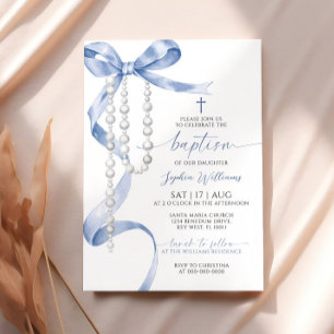 Elegant Blue Bow & Rosary Baptism Invitation