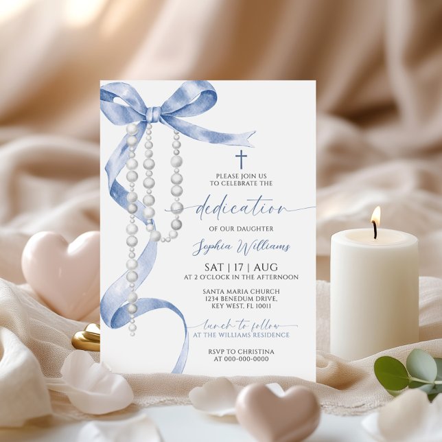 Elegant Blue Bow & Rosary Dedication Invitation (Creator Uploaded)