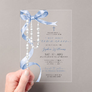 Elegant Blue Bow & Rosary First Holy Communion Acrylic Invitations