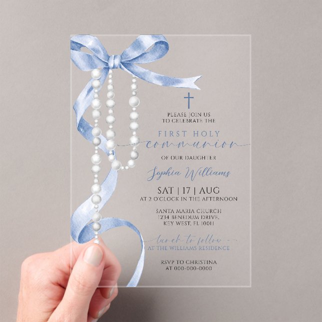 Elegant Blue Bow & Rosary First Holy Communion Acrylic Invitations (Insitu (Handheld))