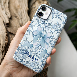 Elegant blue bow toile de jouy floral monogram iPhone 16 pro case