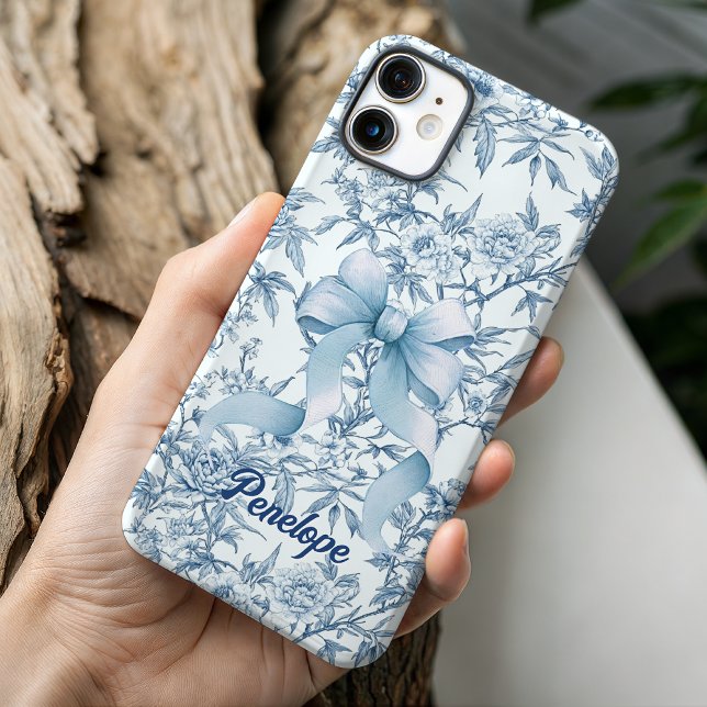 Elegant blue bow toile de jouy floral monogram Case-Mate iPhone case (Creator Uploaded)