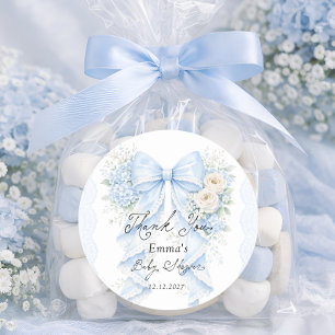 Elegant Blue Bow Vintage Baby Shower Thank You Classic Round Sticker