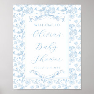 Elegant Blue Bow Vintage Floral Boy Baby Shower Poster