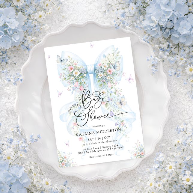 Elegant Blue Bow Wildflower Baby Shower Invitation (Creator Uploaded)