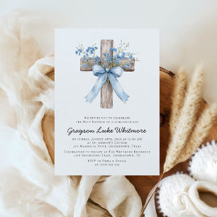 Elegant Blue Bow Wildflowers Baptism Invitation