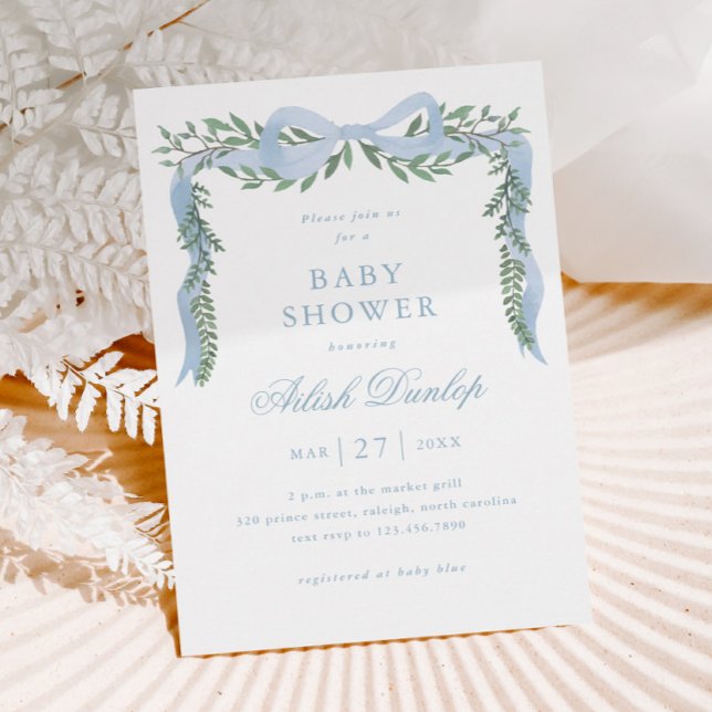 Elegant Blue Bow with Greenery Boy Baby Shower Magnetic Invitation (Elegant Blue Bow Greenery Boy Baby Shower Magnetic Invitation.)