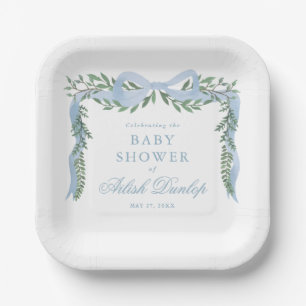 Elegant Blue Bow with Greenery Boy Baby Shower Paper Plate