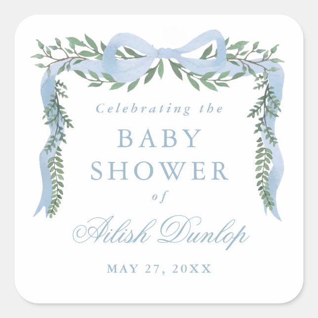 Elegant Blue Bow with Greenery Boy Baby Shower Square Sticker (Front)