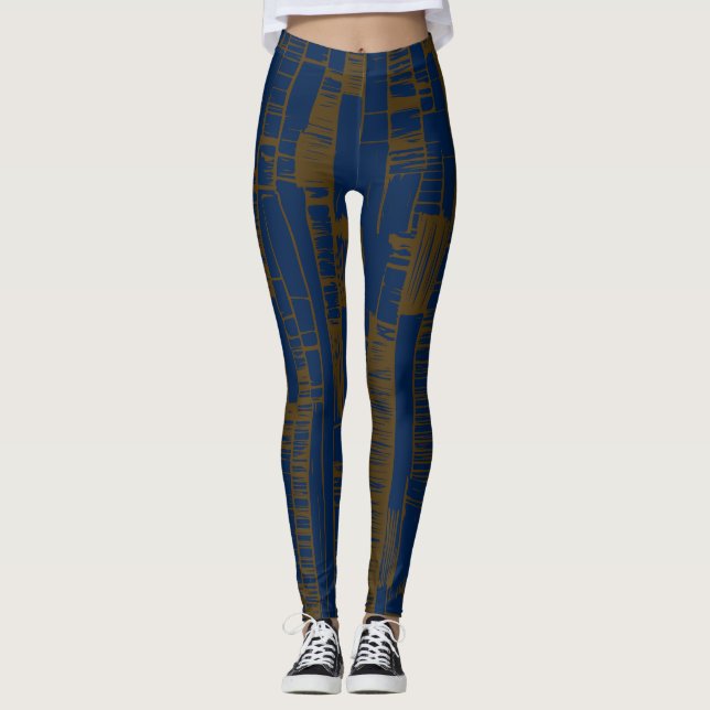 Elegant blue &brown abstract pattern  leggings (Front)