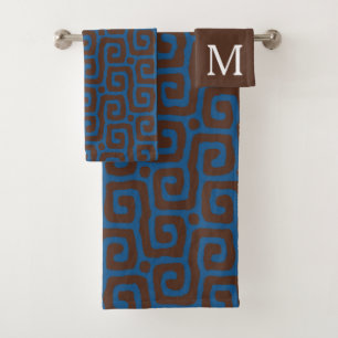 Elegant Blue &Brown Abstract Pattern Monogram Bath Towel Set