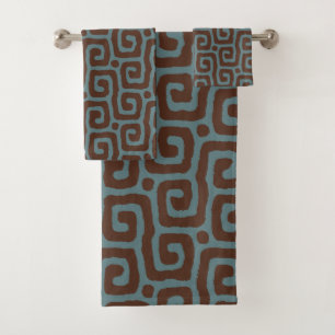 Elegant Blue &Brown Abstract Pattern Monogram Bath Towel Set