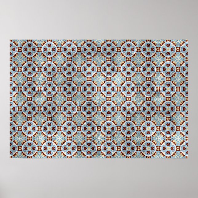 Elegant Blue Brown Mosaic Kaleidoscope Pattern Poster (Front)