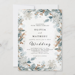 Elegant Blue Brown Winter Floral Wedding Invitation