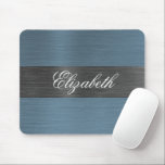 Elegant Blue Brushed Metal Monogram Name  Mouse Mat<br><div class="desc">A classy navy blue brushed metal mouse pad with elegant script personalisation. Coordinates with other office supplies including binders,  notebooks and pens. Designed for you by Blackberry Boulevard.</div>