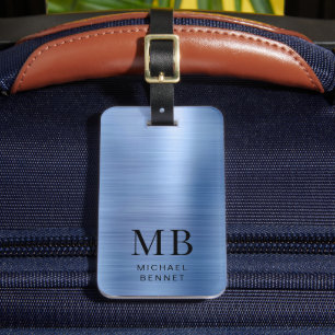 Elegant Blue Brushed Metal Monogrammed Luggage Tag