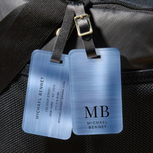 Elegant Blue Brushed Metal Monogrammed Luggage Tag
