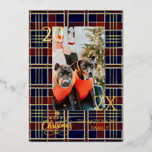 Elegant Blue Buffalo Plaid Christmas  Foil Holiday Card