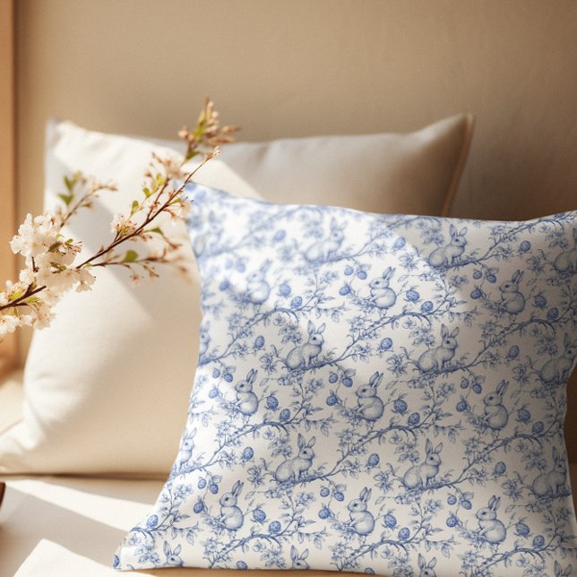 Elegant Blue Bunny Toile Easter Cushion (Creator Uploaded)