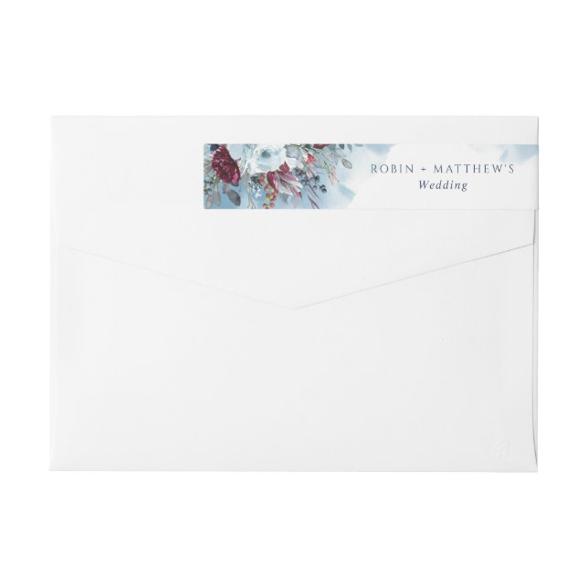 Elegant Blue, Burgundy and Purple Floral, Wedding Wrap Around Label (Back)