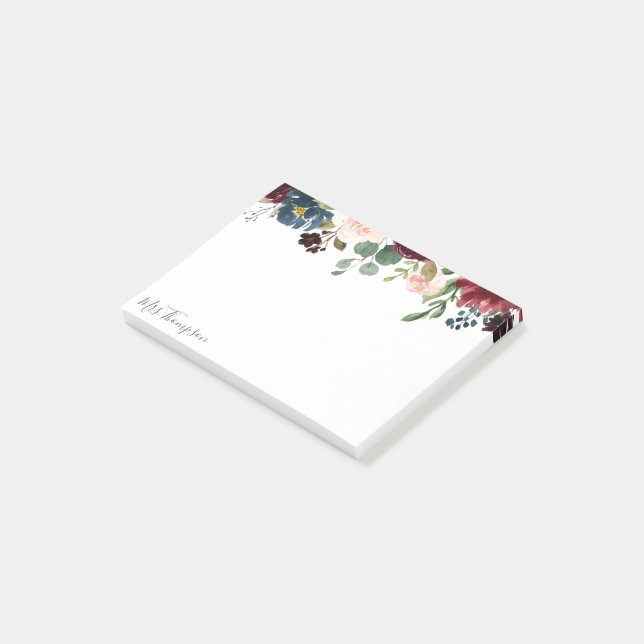 elegant blue burgundy floral school teacher post-it notes (Angled)