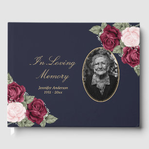Elegant Blue Burgundy Pink Floral Funeral Photo Guest Book