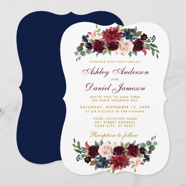 Elegant Blue Burgundy Watercolor Floral Wedding BR Invitation (Front/Back)